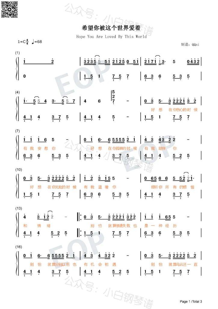 希望你被这个世界爱着 钢琴简谱  数字双手- 抖音热歌 - 吕口口